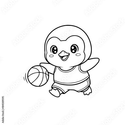 Cute Penguin Playing Basketball Line Art. Kawaii Cartoon Black and White Vector Icon for Coloring Book, Sports Mascot, Kids Activity, or Simple Winter Game Design generative ai 