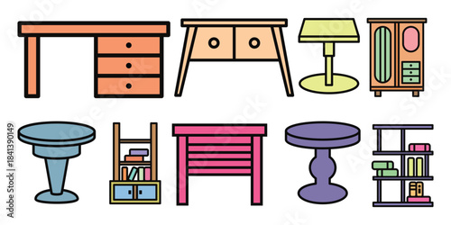 Furniture flat line icons set.  Line icons about furniture on transparent background with editable stroke. 