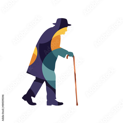 An elderly man, rendered in a striking geometric pop art style with a colorful palette, walks deliberately with a cane, embodying dignity in later life.