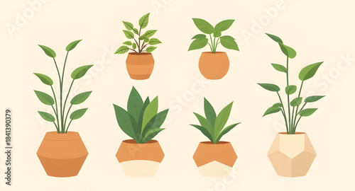 potted plant illustration set vector, indoor plant pot decor artwork, decorative greenery plants vector, botanical houseplant interior art, modern plant pot illustration pack, green foliage indoor dec