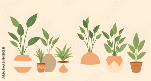 potted plant illustration set vector, indoor plant pot decor artwork, decorative greenery plants vector, botanical houseplant interior art, modern plant pot illustration pack, green foliage indoor dec
