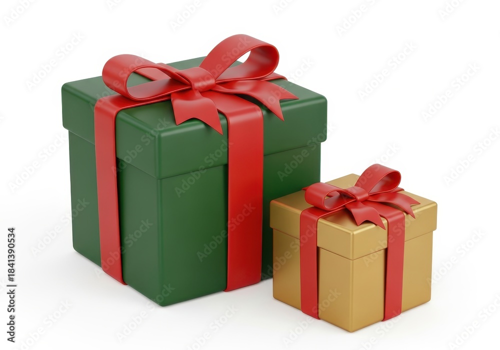 Obraz premium Two differently sized square packages are adorned with bright red ribbons and bows on a white background