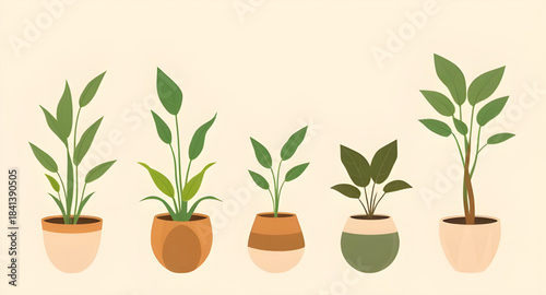 set of indoor plants in pots illustration, potted houseplants vector art, decorative plant pot collection, green plants pot illustration set, botanical potted plant vector graphics, modern indoor plan
