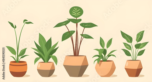 set of plants in pots vector, potted plant collection illustration, indoor plants in pots vector art, houseplants pot set clipart, decorative potted plants illustration, green plants in ceramic pots v