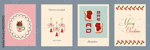 Merry Christmas card designs set. Modern winter template cute hand drawn vector with drink, candle, bread, mistletoe elements. Vintage italian whimsical style. La dolce Vita. Cafe menu design