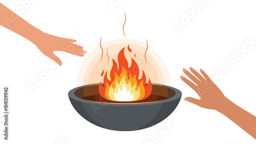 Two hands reaching for a burning bowl with flames rising up