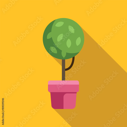 Green topiary tree in a pink pot casting a long shadow on a yellow background