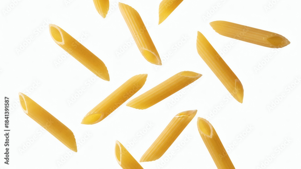 Fototapeta premium Close-up shot of several uncooked penne pasta tubes isolated on a clean white background