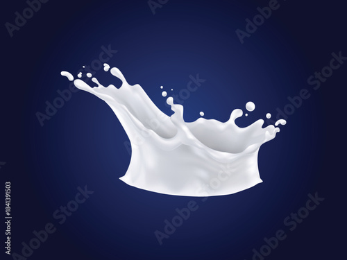 Realistic 3D milk splash with creamy liquid motion on blue background vector design perfect for dairy advertising packaging and healthy beverage branding