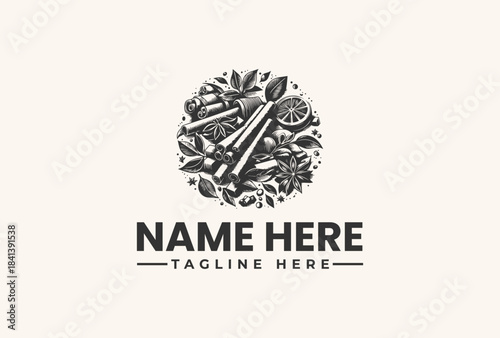 Black and white vector illustration logo design featuring a pencil surrounded by leaves and flowers on a beige background with space for a company name and tagline.