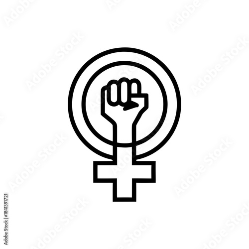 Raised fist within a gender symbol outline on transparent background silhouette