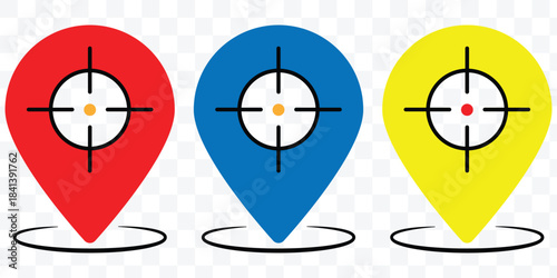 Tracking system icon vector. Location Pin with target and GPS symbol. Colorful location pin target icon set with red, blue, and yellow map markers, GPS crosshair symbols for navigation tracking vector