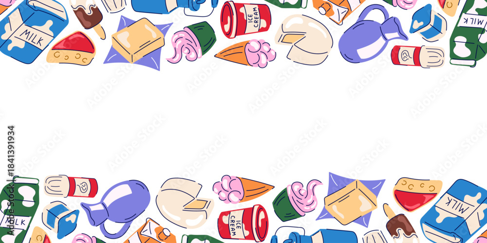 Fototapeta premium Dairy themed border with milk, cheese, butter, cream and ice cream illustration on a white background.
