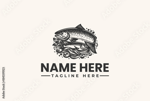 A black and white illustration of a fish surrounded by seaweed and waves with a placeholder text for a logo or brand name on a light beige background.