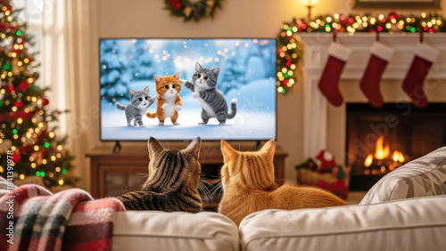 Cozy Christmas decorated living room with two cats watching TV. Festive winter moment. Perfect for greeting card.