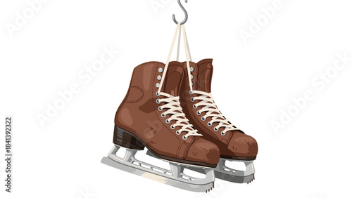 Brown ice skates hanging from a hook with white laces and metal blades on