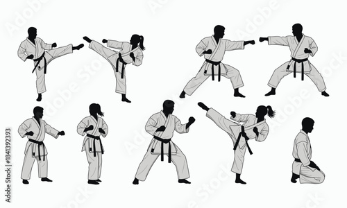 Silhouettes of a karate practitioner demonstrating various dynamic poses and techniques