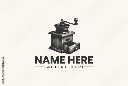 A grayscale illustration of a manual coffee grinder with a customizable text area for a logo or brand name on a neutral background, showcasing a vector graphic design element.