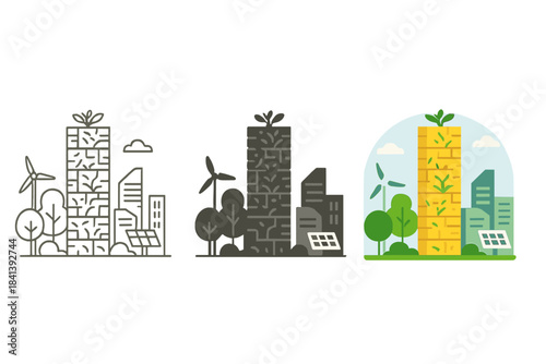 Sustainable Cityscape Design. Sustainable cityscape with central mycelium brick tower as green landmark, first in line style with