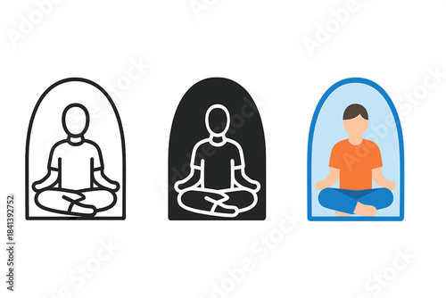 Meditation Pod Designs. Person seated cross-legged inside enclosed pod designed for silent reflection, first in line style with