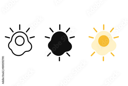 Sunny Egg Styles. Overhead view of sunny-side-up egg with yolk as radiant solar disc, first in line style with thin outline,