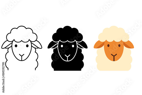 Artistic Sheep Variations. Close-up of woolly sheep with exaggerated cloud-like fleece, first in line style with thin outline,