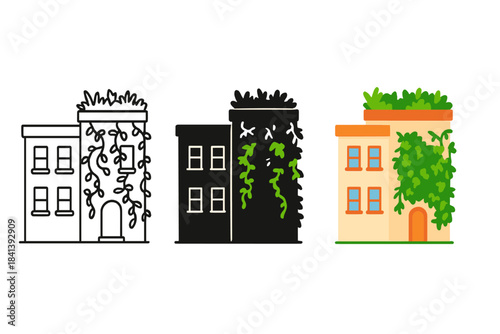 Vine-Covered Architectural Styles. Building façade, vine-covered extension, rooftop garden, first in line style with thin outline,