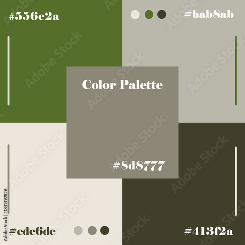 Earthy tones color palette vector illustration displaying shades of green and brown with hex codes. Ideal for design inspiration and creating mood boards with natural colors.
