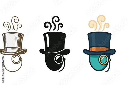 Stylish Vintage Accessories. Vintage top hat, swirling steam, monocle, first in line style with thin outline, second in solid