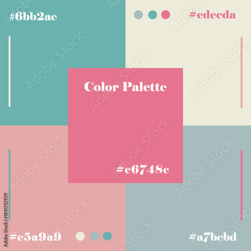 Modern color palette vector illustration featuring a grid of soft pastel colors. Each section displays a specific hex code, providing a stylish guide for design projects.