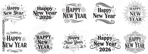 Happy new year greeting badges with fireworks and celebratory designs ideal for festive typography