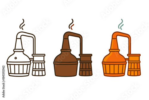 Copper Stills Trio. Copper pot still, mash tub, steam swirl, first in line style with thin outline, second in solid style filled