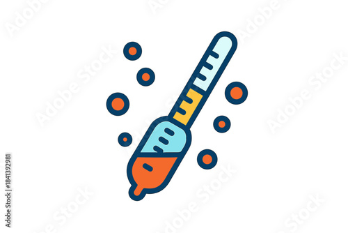 Hydrometer Dance Icon. Flat style icon of a tilted hydrometer with bubbles rising around it, bright colors, representing proofing