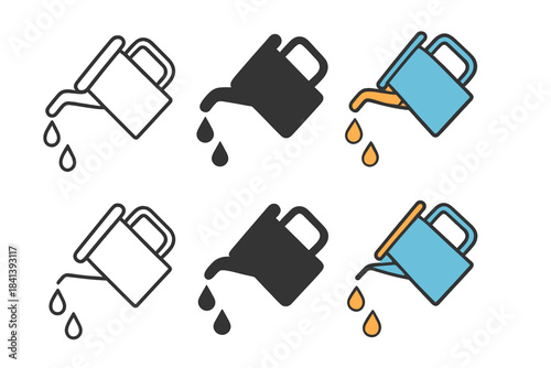 Colorful Oil Can Design. Metal oil can tilted with spout pouring drops, simple minimal vector design, first in line style with