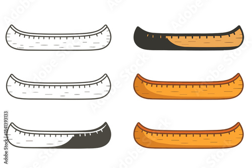 Minimalist Canoe Designs. Side view of a traditional birch bark canoe with subtle texture, simple minimalist vector design, first