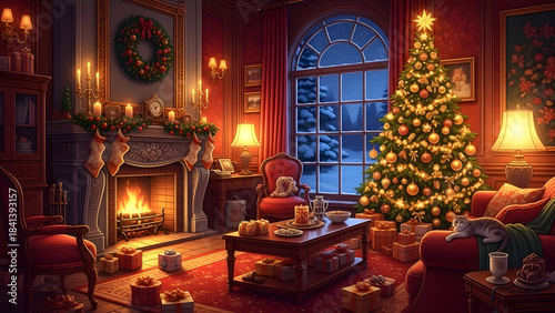Warmly lit classic living room featuring a decorated christmas tree and cozy fireplace