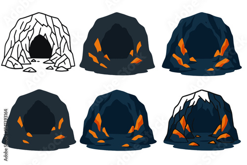 Glowing Cave Artistry. Deep cave interior with glowing iron pigment highlights on jagged rocks, clean minimal vector illustration,