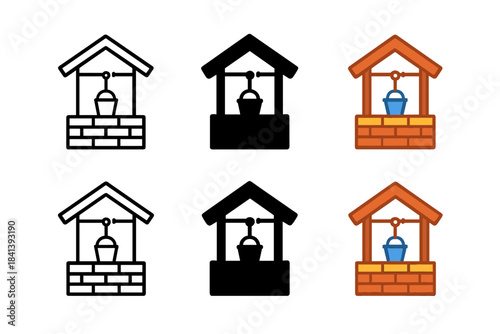 Water Well Designs. Water well with bucket and pulley system, clean geometric minimal icon, first in line style with thin outline,
