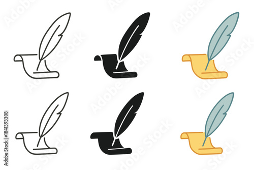 Artistic Feather Designs. Gull feather with sharpened tip resting on parchment, abstract minimal vector design, first in line