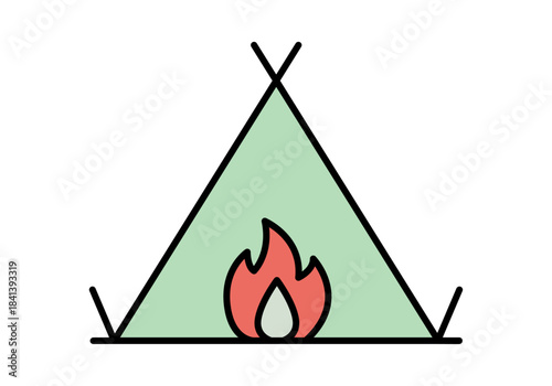 Tienda de campaña verde con fogata en fondo blanco