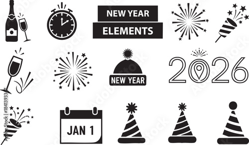 New year elements black and white icons set with champagne party hats fireworks and calendar symbol