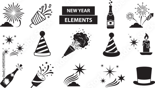 New year celebration elements set with fireworks poppers champagne bottles party hats and sparklers