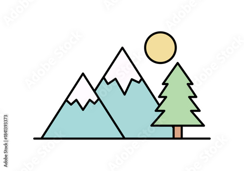 Paisaje natural con montañas, árbol y sol