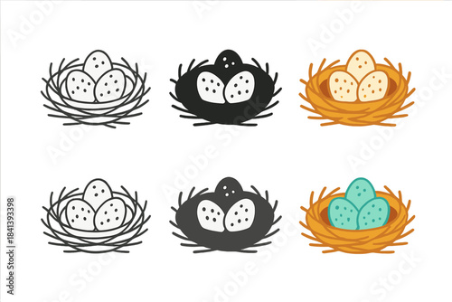 Finch Eggs Artistry. Nest of twigs containing three tiny speckled finch eggs, abstract minimal vector design, first in line style
