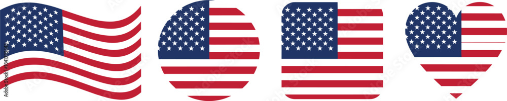 Obraz premium Collection of patriotic American flag icons in various shapes including waving banner, circle, rounded square, and heart, ideal for national celebrations and graphic elements.
