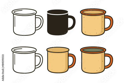 Rustic Mug Illustrations. Rustic enamel mug with subtle color highlights for camping use, abstract minimal vector illustration,