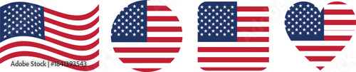 Collection of patriotic American flag icons in various shapes including waving banner, circle, rounded square, and heart, ideal for national celebrations and graphic elements.
