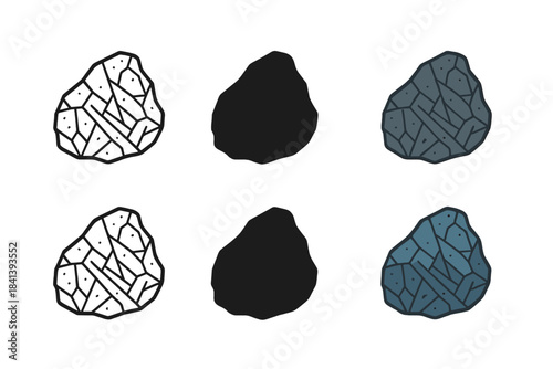 Meteorite Vector Icons. Fragment of metallic iron meteorite with rough surface and crystalline texture, minimal vector icon, first