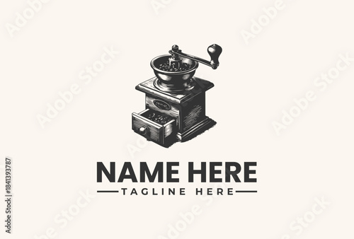 A vector illustration of a coffee grinder with a customizable name and tagline on a beige background, featuring a logo design template.