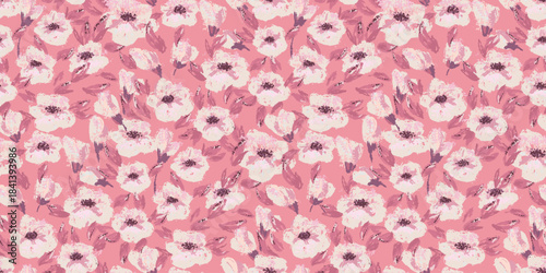 Seamless vector floral pattern with soft pink and purple flowers on a light pink background. Template for textiles, wallpapers, fashion design, and home decor